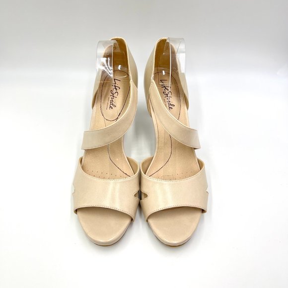 Lifestride Size 11 Mega Almond Cream Faux Vegan Leather Open Toe Heels Shoes - Picture 3 of 15
